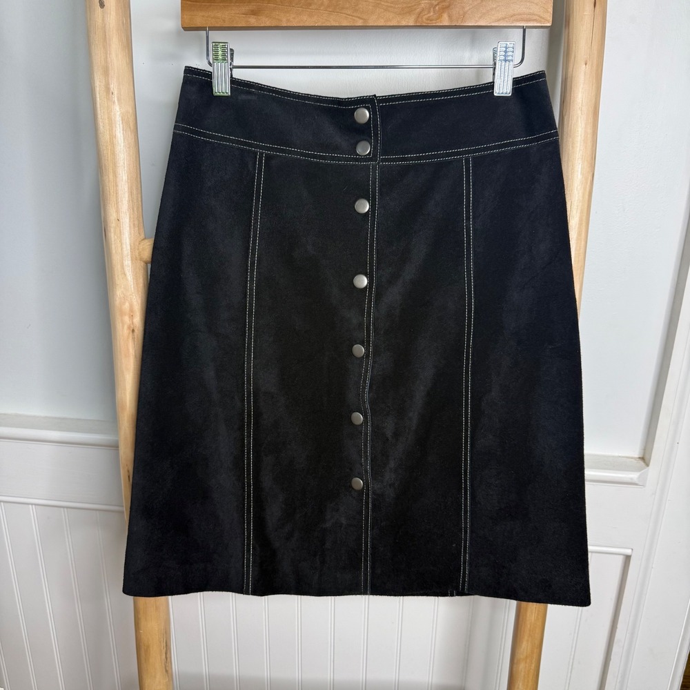 Theory Black Suede Leather A-Line Skirt Contrast Stitch Snap Front 2